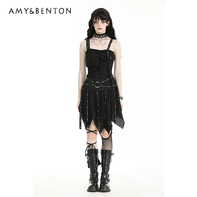 

Original Design Dark Gothic Women's Clothing 2025 Summer New Rivet Decorated High Waist Sweet Cool Sexy Irregular Skirt Ladies