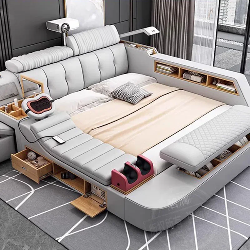 Nordic Waterproof Double Bed Frame Wood Queen Leather Sleeping King Luxury Bed Frame Modern Design Cama De Casal Home Furniture