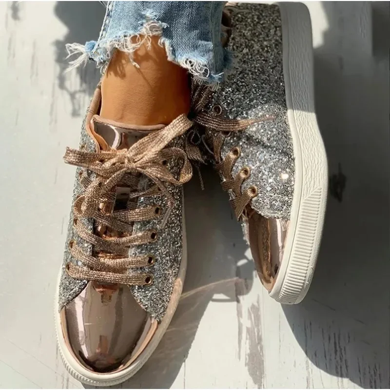 Wome\'s Sneakers Bling Golden Shoes Casual Female Breathable Lace Up Outdoor Sport Tennis Women Vulcanize Shoes Zapatos De Mujer