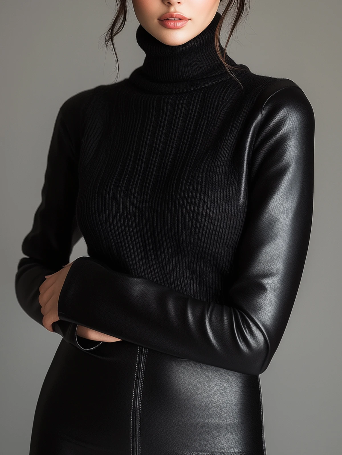 PU-Leder Patchwork Strickpullover mit Hohem Kragen Damen Langarm-Pullover Basic Damenpullover mit PU-Ärmeln Patchwork Kunstleder-Sweater