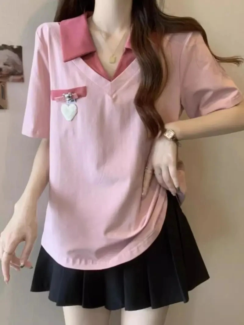 

plus Size 300 Pounds Fake Two-Piece Neck T-Shirt Women's Loose Fashionable Short Sleeve Summer Top And Pear Body T...