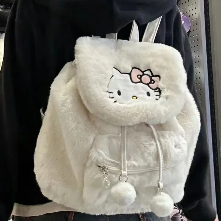 Sanrio Hello Kitty Melody Mochila de pelúcia para mulheres, bolsa de ombro macia, grande capacidade, tampa flip, bolsa de escola kawaii, presentes