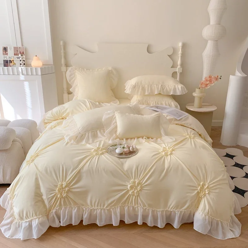 Set biancheria da letto in pizzo Svetanya Francia Romantic Princess Wedding Ruffles Bow Copripiumino morbido Lenzuolo Federe