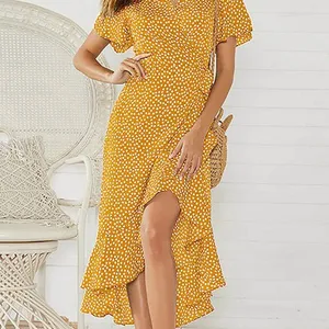 نسائي أزهار طباعة ماكسي فستان طويل الشيفون بوهو فستان الكشكشة على شكل V رقبة عارضة سبليت مثير فستان حزب الشاطئ الصيف أعلى 10 مبيعات صور المرأة الساخنة - No3