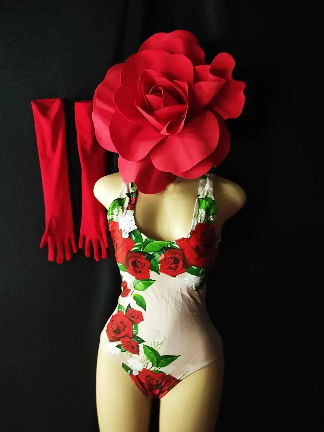 Valentine's Day Dance Costume Rose Print Bodysuit Flower Headgear Performance Clothes Bar Nightclub Party Rave Show Stage Outfit