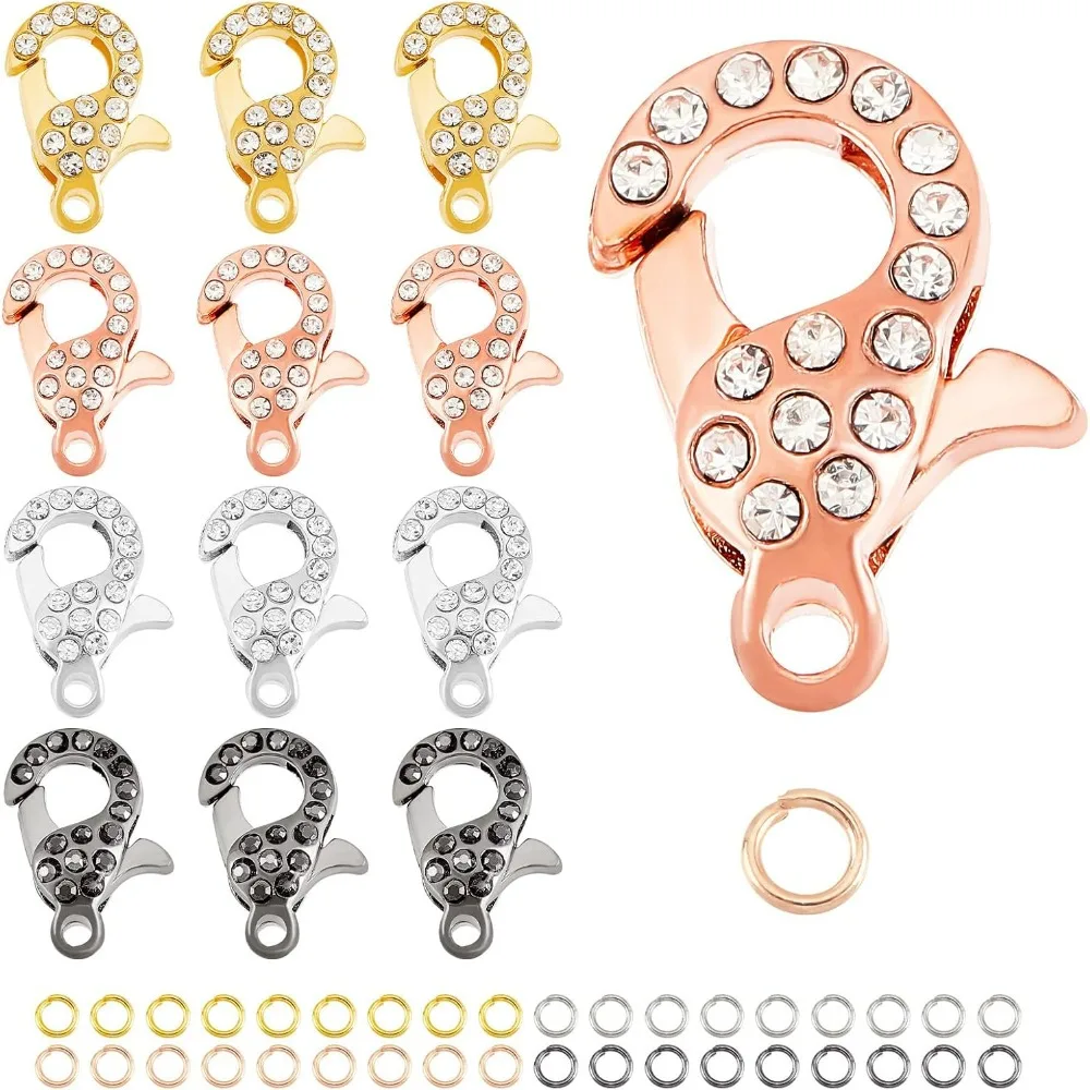 16pcs Rhinestone Lobster Clasps 21x12.5mm Alloy Snap Hook Fastener Clip Jewelry Clasp End 40pcs Iron Open Jump Ring for Necklace