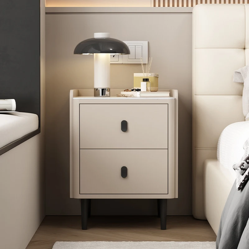 Light luxury bedside table Solid wood small apartment bedroom Simple modern bedside rock slab Mini storage Narrow cabinet