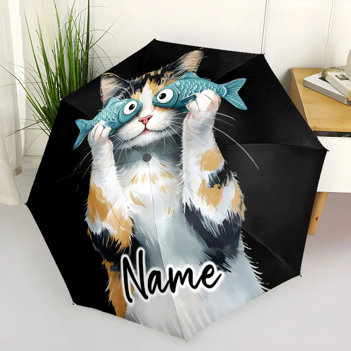 Custom Name Umbrella Cat with Fish Glasses on Umbrella Print 8 Iron Ribs Folding Umbrella Auto-Open Fashion Sunshade