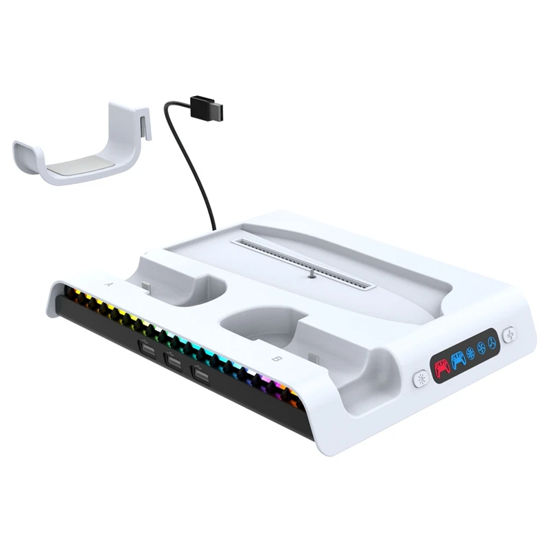 

For PS5 Slim Console Cooling Dock With 3-Speed Airflow Gamepad Holder Charging Headset Hanger With RGB Lights Durable