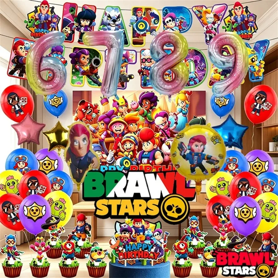 Brawl Stars Party Decoration Happy Birthday Banner Game Background Paper Cake Topper Stickers Tableware Keychain Gifts