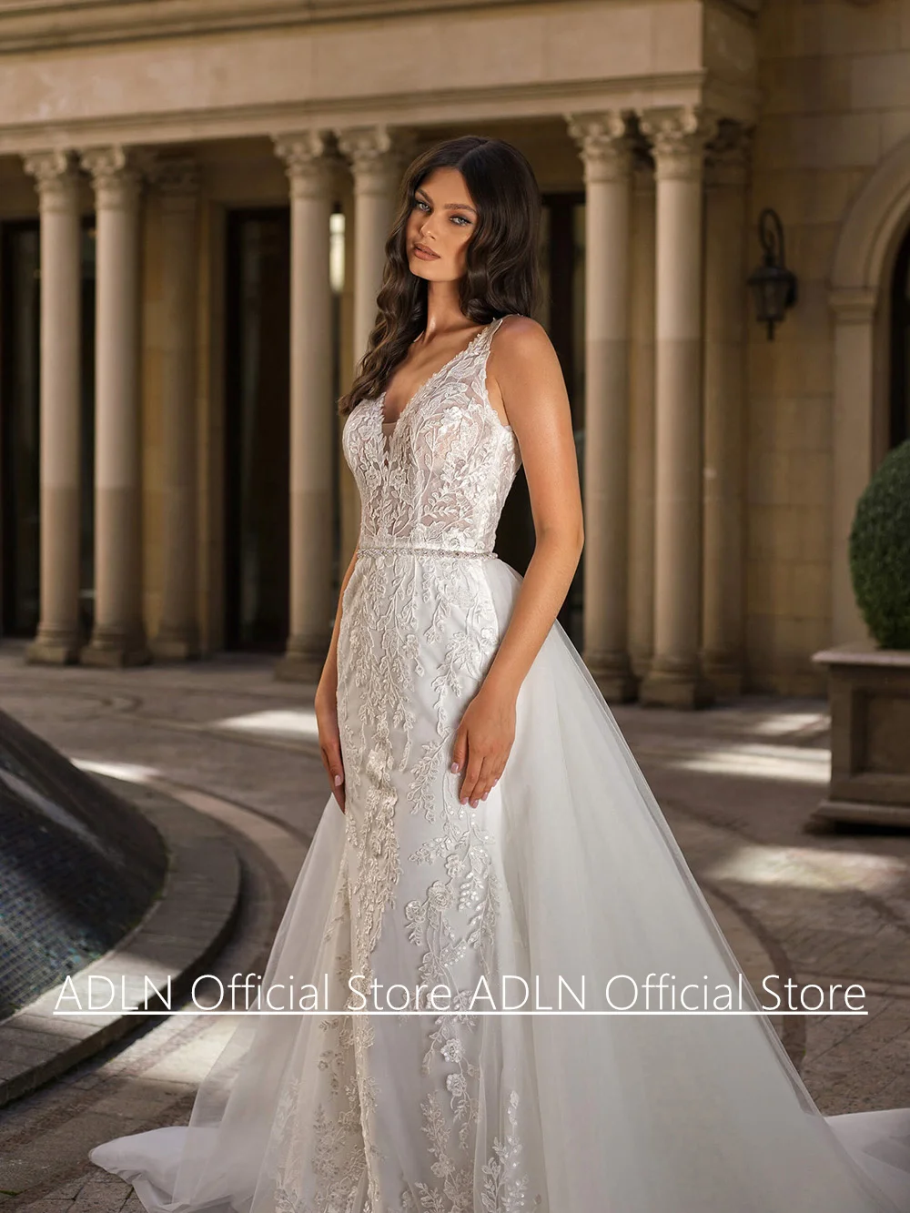 الدانتيل حورية البحر فستان الزفاف انفصال تول قطار مخصص مثير بلا أكمام الخامس الرقبة مطرزة زين ثوب الزفاف للعروس
