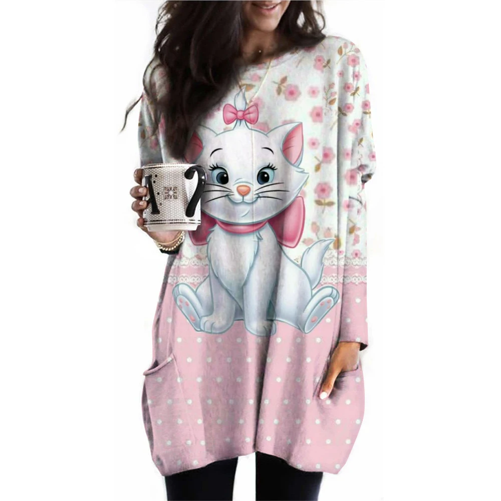 Disney Mary Cat printed women's T-shirt long sleeved Snow White printed street women's T-shirt s-3XL plus size casual women's to