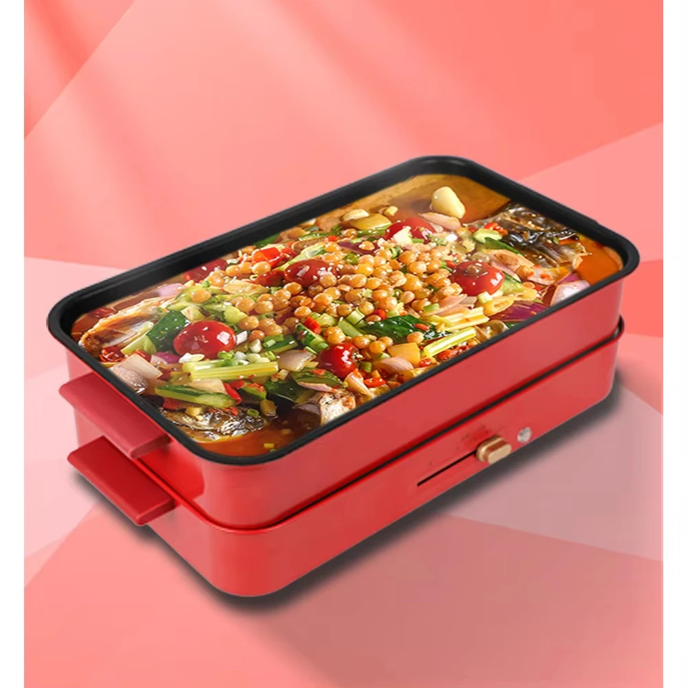 

2 1 Indoor Home Use Electric Grill Red Smokeless Non Stick Adjustable Temperature Control For BBQ Hot Pot Hotel Use Modern