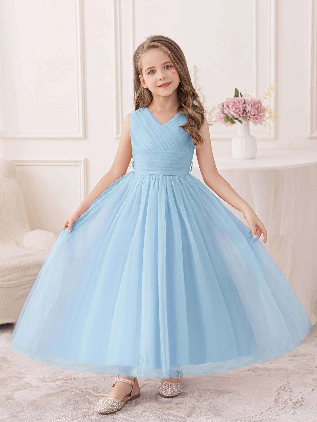

Girl Blue Long Dress Party Dress Flower Princess Girl Tulle Birthday Dress Wholesale