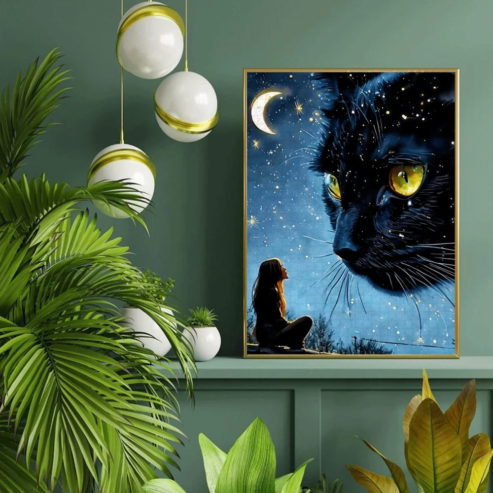 Puzzle di gatto nero e al chiaro di luna da 1000 pezzi - Puzzle su larga scala con mezzaluna, stelle e design di gatto nero, impegnativo