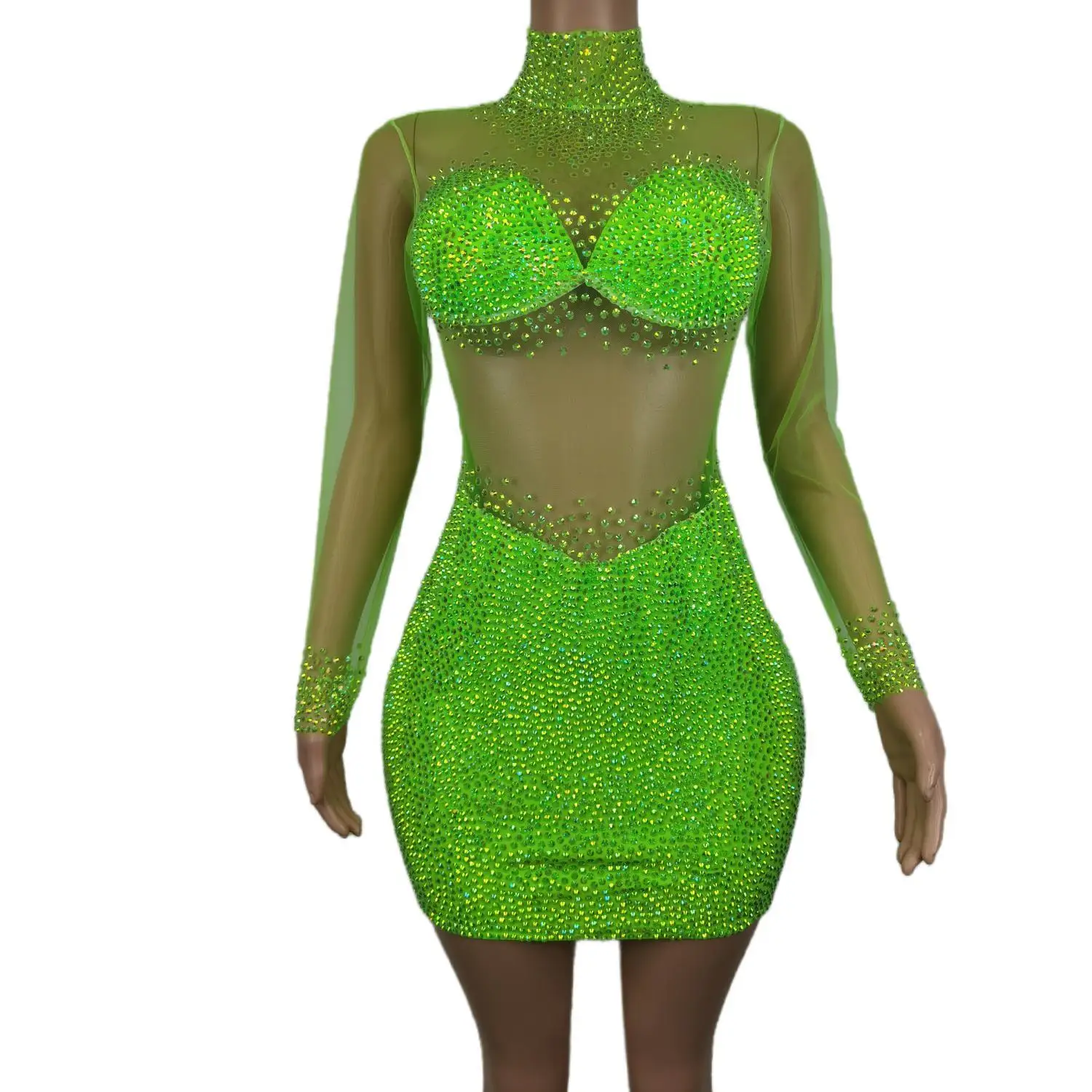 

Sparkle Green Rhinestones Short Dress Party Sexy Women See Through Long Sleeve Mesh Club Prom Dress Fashion Stage Show Costumes