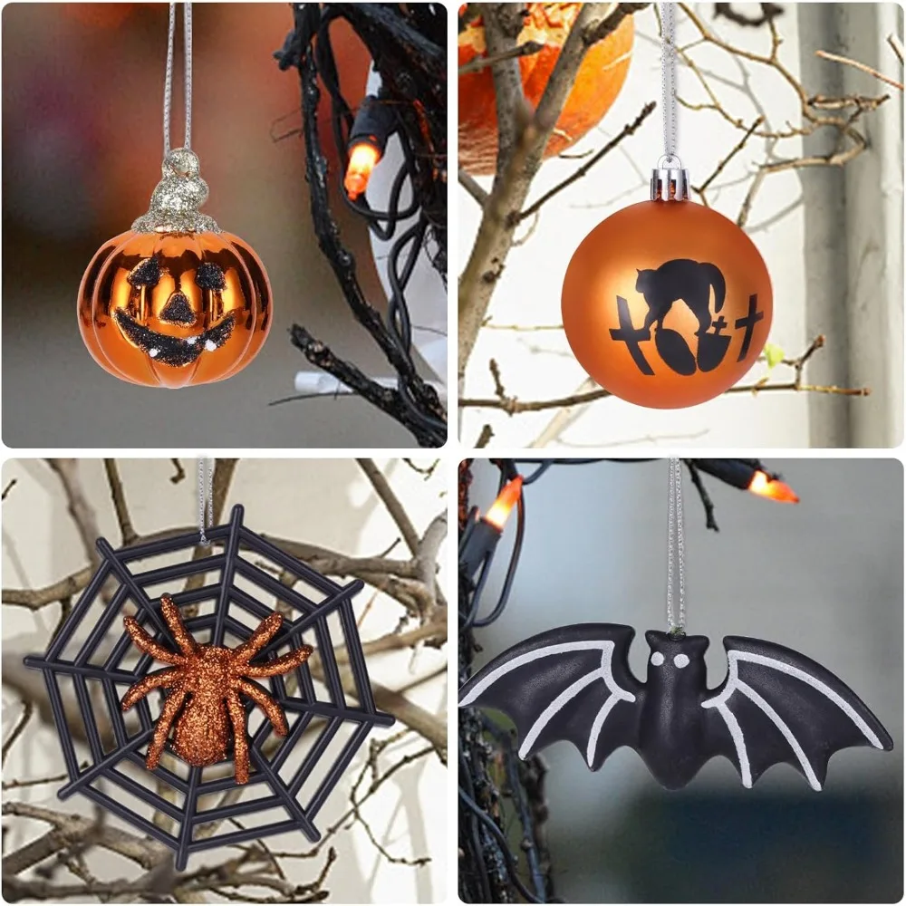 مجموعة زينة كرة الهالوين مكونة من 28 قطعة، زينة شجرة الهالوين المعلقة المقاومة للكسر مع عنكبوت، يقطين، تصميم جمجمة للداخلية