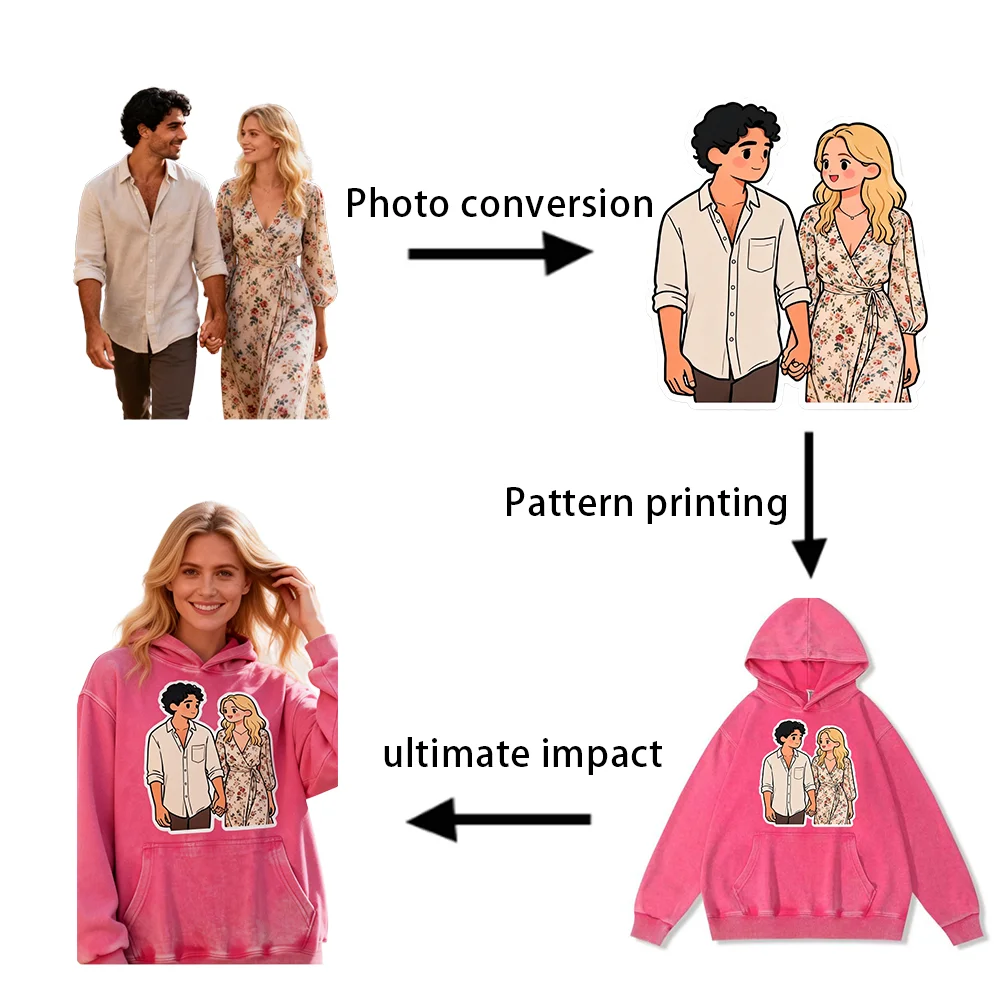 Custom Couple Photo to Comic Print Hoodie Vintage Washed Distressed Personalized DIY Couple Outfits Unisex