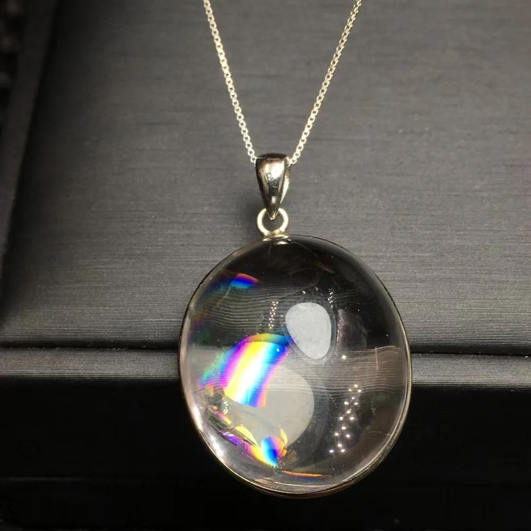 1 Pc Fengbaowu Natural Rainbow Rock Quartz Pendant Round Oval Cabochon 925 Sterling Silver Reiki Healing Stone Jewelry Gift