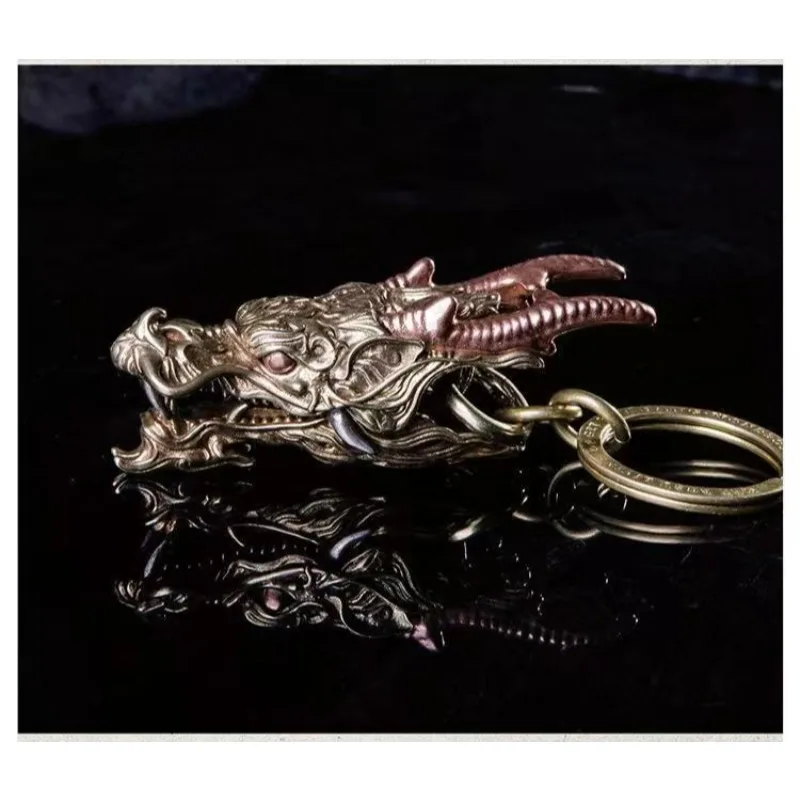 Gold Brass Dragon Head Keychain with Key Ring Fine Carved Domineering Car Keychain Multifunctional Metal Ornaments Luxury Gift