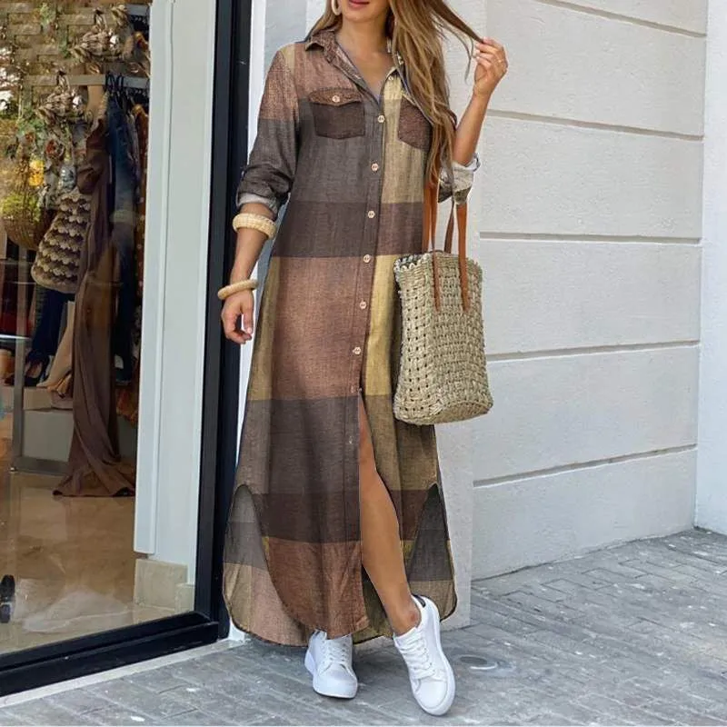 Long Sleeve Dress Plaid Robe Maxi Beach Dress Summer Elegant Women Button Irregular Shirt Dress Split Print Lapel Party Robe