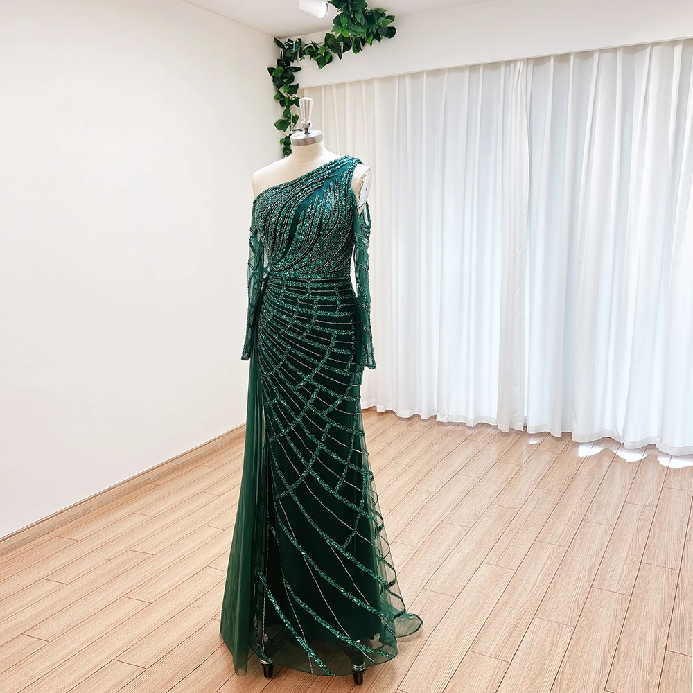 Elegant Emerald Green One Shoulder Mermaid Evening Dress with Overskirt 2023 Luxury Dubai ArabicLong Sleeves Wedding Party Gown