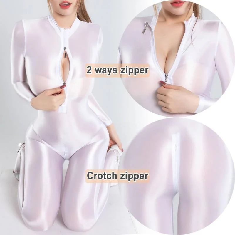 Womens Shiny Satin Glossy Silky Leotard Jumpsuit 2 Zipper Open Bust & Crotch Bodysuit Catsuit