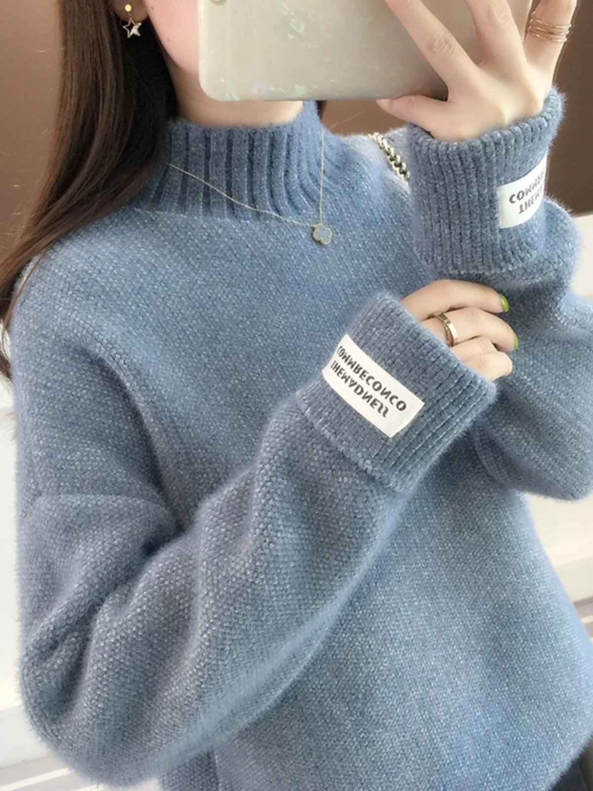 Thickened Knitted Mink Velvet Sweater Women's Overhead Loose Half High Collar Knitwear Pure Color Commute Sle Winter New Ar...