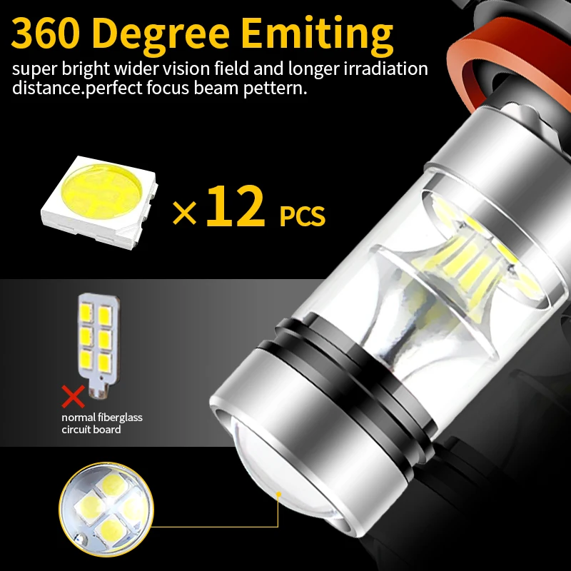 2pcs 2400LM For Nissan Xterra 2005-2015  Note 2005-2017 LED H8 H11 Fog Light Bulb Car DRL Lamp 6000K 12V