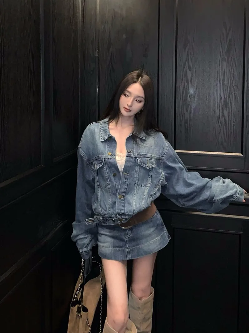 

American Retro Long Sleeve Open Cardigan Coat Women Summer Hong Kong Style Denim Set Design Sense Bodycon Skirt Two Piec...