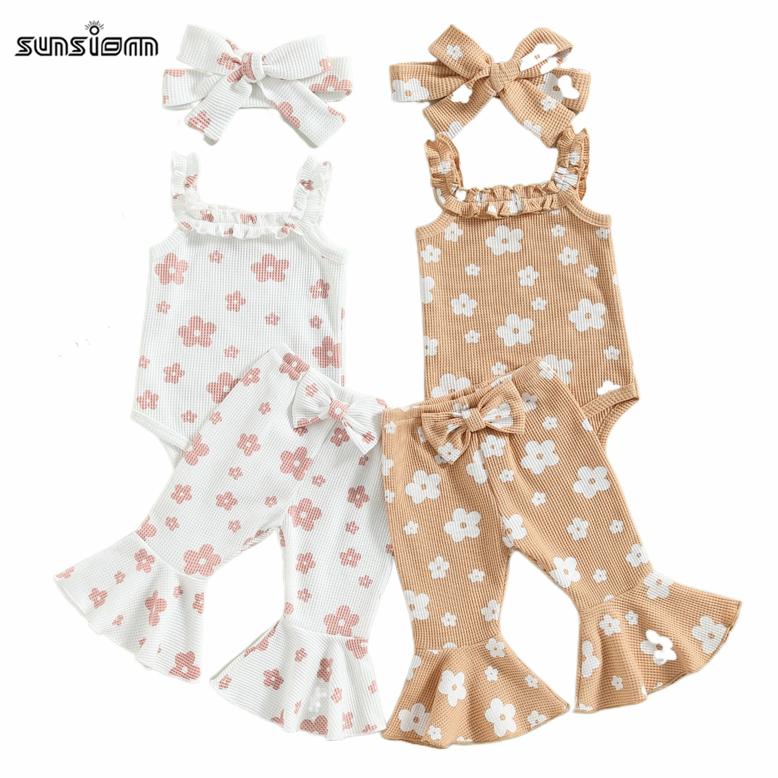 SUNSIOM Baby Girls Summer Outfit Sleeveless Floral Sling Romper + Bowknot Flared Pants/Shorts+ Headband Sets