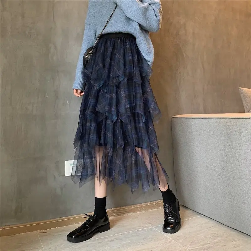 Wedbleser Elastic Waist Multi-layer Mesh Grid Splicing Cake Half Skirt 2025 New High Waist Slimming Mid Length Yarn Skirts