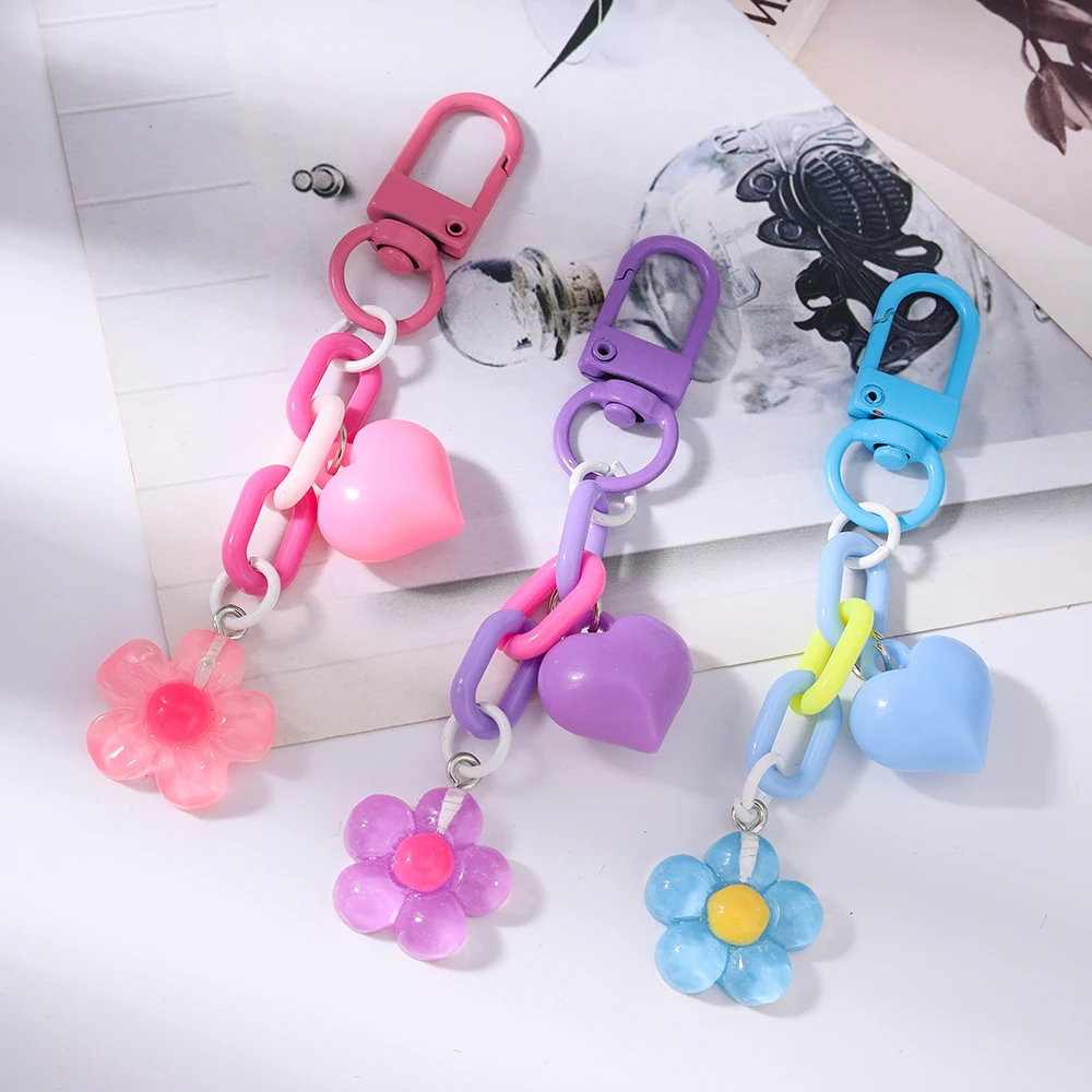 Pretty Flower Keychain Love Heart Key Ring Pendant for Women Girls Handbag Decor DIY Handmade Jewelry Gifts
