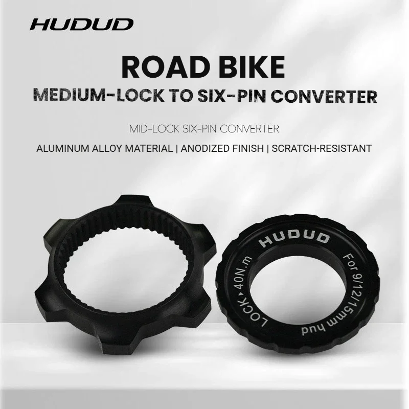 HUDUD Center Lock to 6-Bolt Adapter | 26g Aluminum Alloy | 9/12/15mm Axle Compatible | Anodized Black