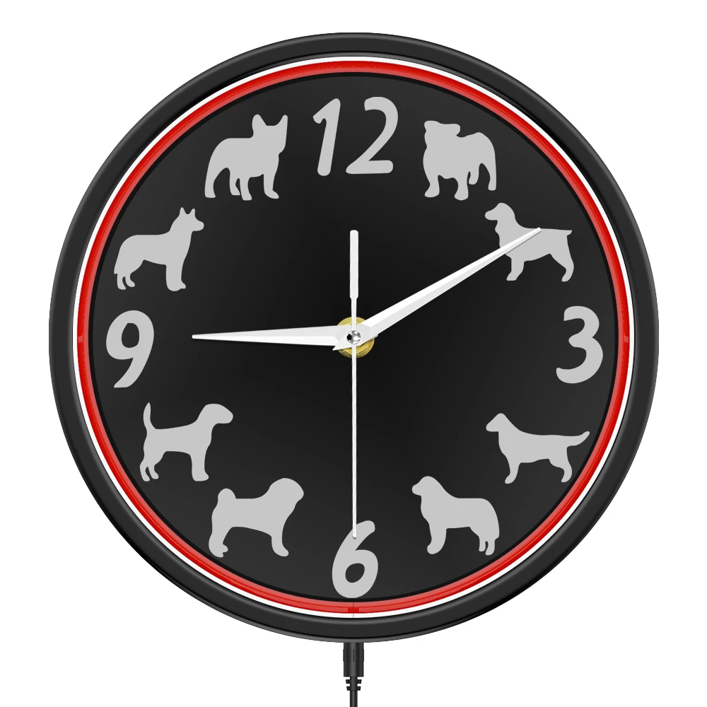 

Dog Breeds Metal Frame Backlit Wall Clock for Bedroom Office Puppy Pet Home Decor Night Light Clock LED Glowing Neon Art Clock