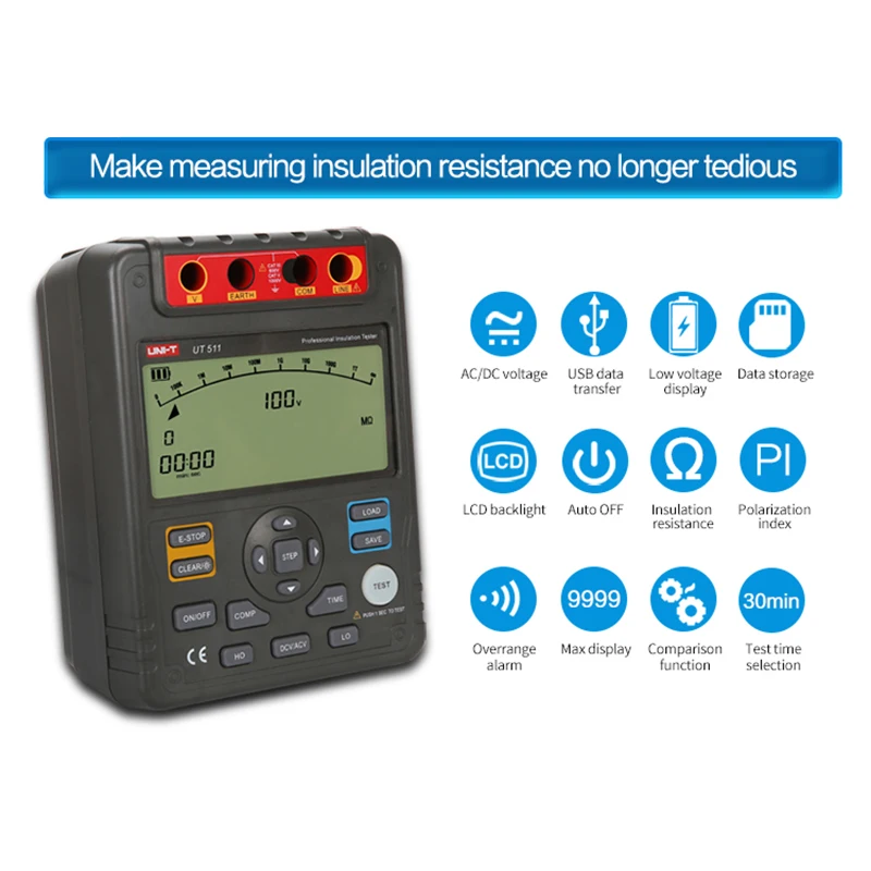 UNI-T Isolationswiderstandstester UT511 1000 V Erdungsmesser 10 GΩ Mega Tester Auto Range LCD-Hintergrundbeleuchtung AC DC Voltmeter