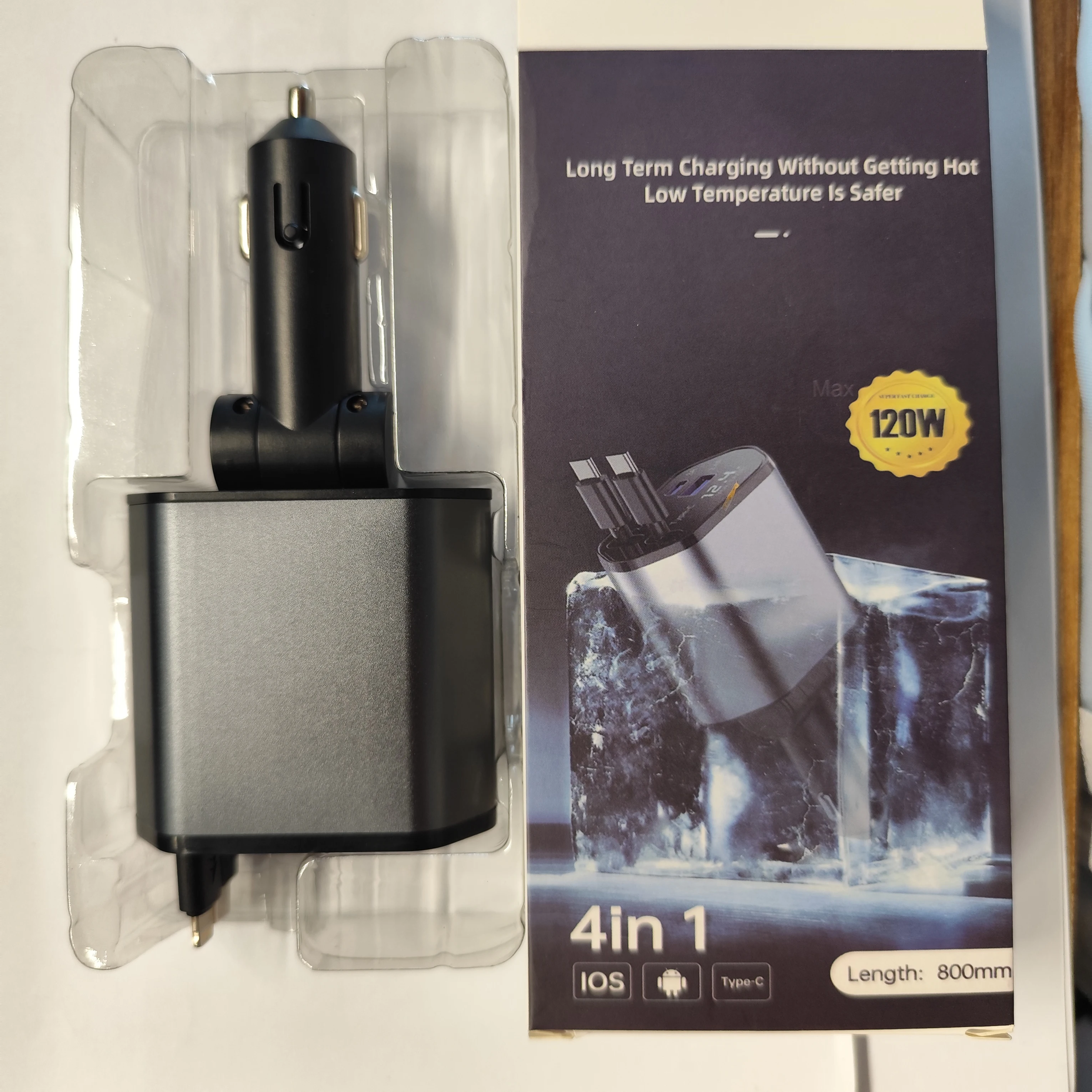 Car Charger Adaptor 120W Fast Charge USB Type C Fast Charger Cable with Retractable Cords Fit for iPhone 16/15/14/13/12 Samsung