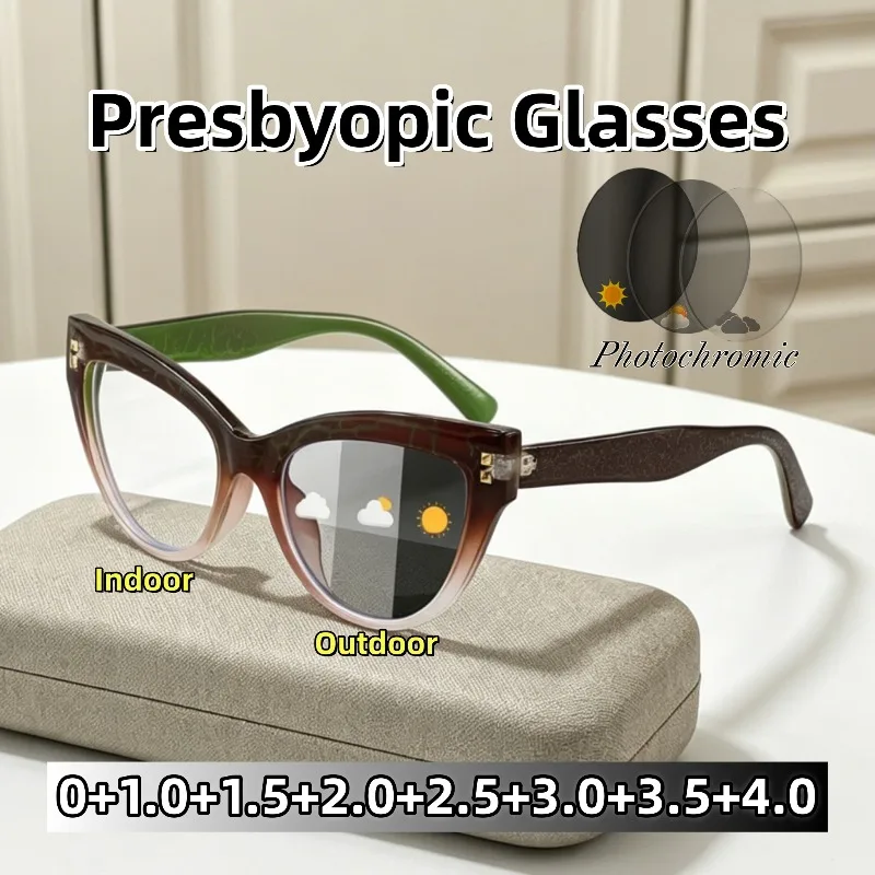 

New Fashion Cat Eye Frame Anti Blue Light Photochromic Presbyopia Glasses Retro High Quality Ultralight Women's Reading Eyewear