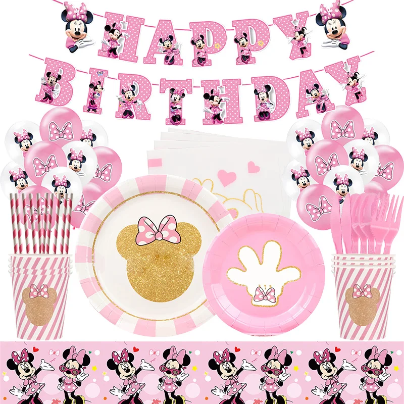 Minnie Mouse Birthday Decoration Plates Cups Straw Tablecloth Balloons Backdrop Children's Birthday Party Supplies