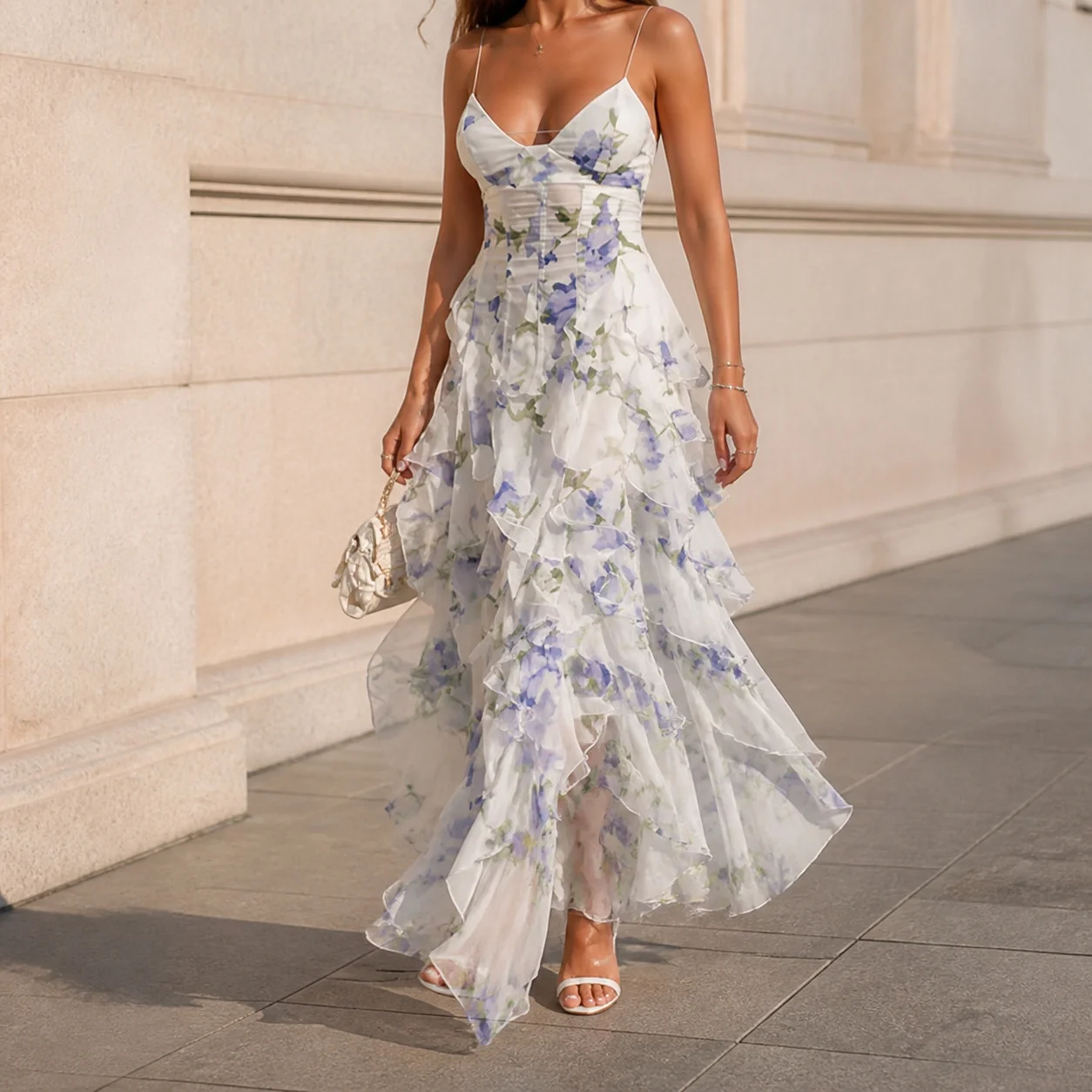 V Neck Printed Gown Maxi Length Commuter Chic with Sleeveless Princess Sleeve Slim Fit Zipper Closure Dress Summer for Women