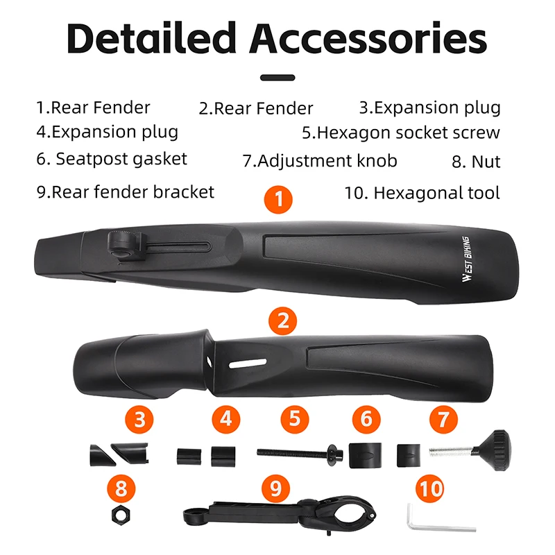 WEST BIKING Widen Bicycle Fender Quick Release PP Suitable for 26/27.5/29 inch Mountain Bike  Rear Shock Splash Bike Parts