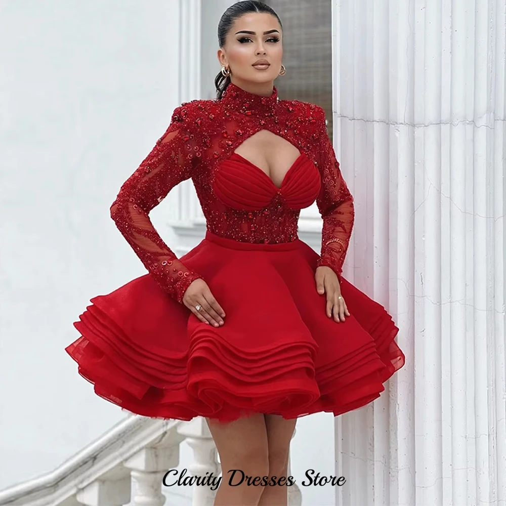 Delicate Red Organza Evening Dress Exquisite High Collar Long Sleeves Customized Cocktail Dresses Bespoke Occasion Gowns image 4