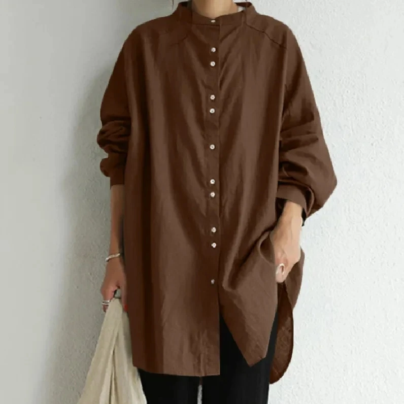 

Women's Autumn Retro Stand Collar Solid Color Linen Cotton Base Layer Shirt Minimalist Basic Office Long Sleeve Casual Blouse