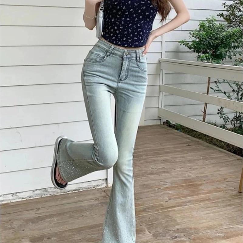 2025年秋 レディース ヴィンテージ フレア ジーンズ ラインストーン付き ベルボトム デニムパンツ ストリートウェア Y2K グランジ オリジナル ストレッチ トラウザーズ