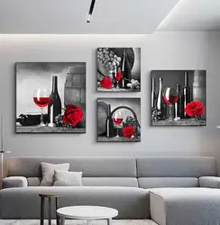 Kitchen Wall Art Decor Pictures Red Wine Glass Rose Painting on Canvas Poster and Prints Home Decoration Dining Room Restaurant