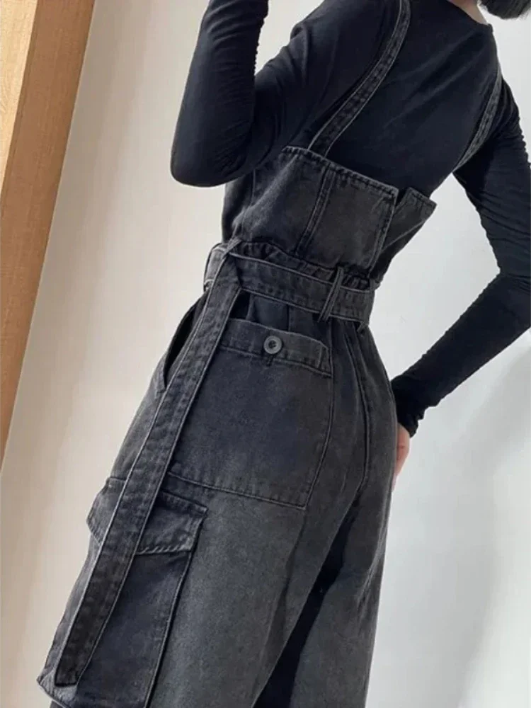 Denim Jumpsuits Women High Waisted Cargo Trousers American Streetwear Teens Personal Hipsters Pure Big Pockets Washed Clothes