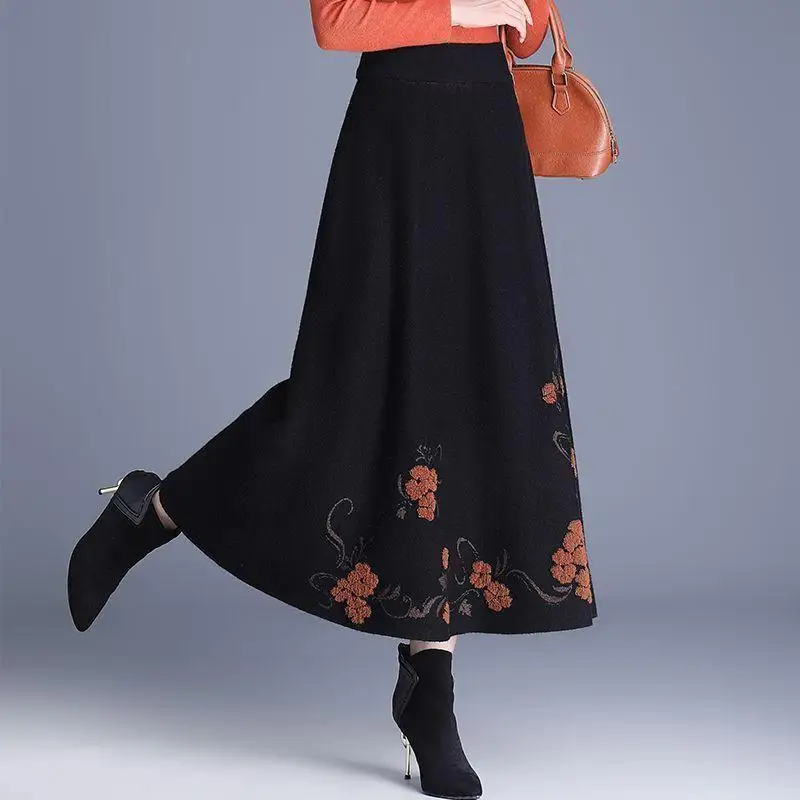 Women High Waist A Line Long Skirt Floral Embroidery Swing Maxi Skirt Autumn Winter Elegant Casual Skirt