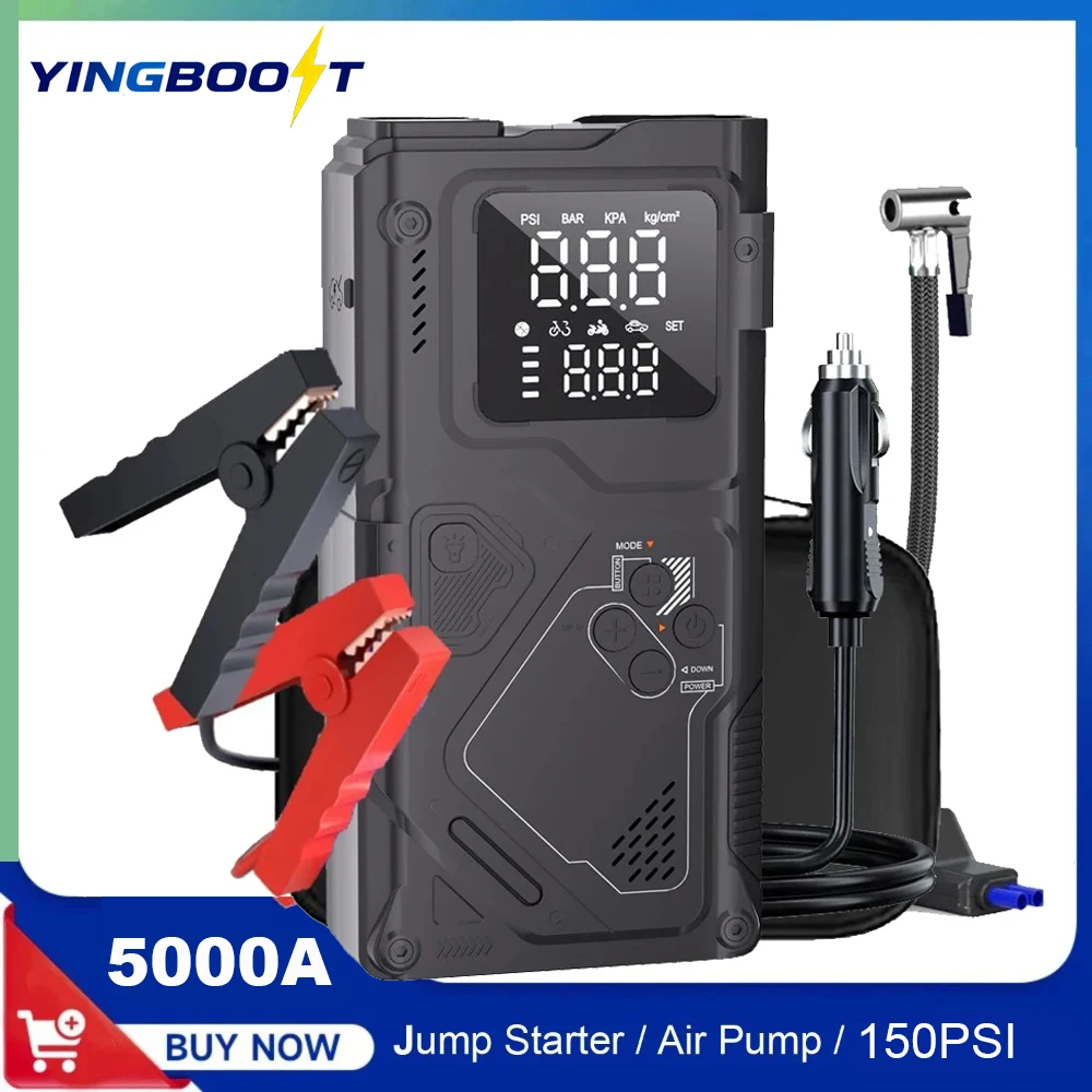 

YINGBOOST 150PSI Насос для подкачки шин и пусковое устройство с воздушным компрессором, пиковая мощность 5000А, для бензиновых/дизельных двигателей 8л/5л, с кабелем питания DC и светодиодной лампой 400 лм