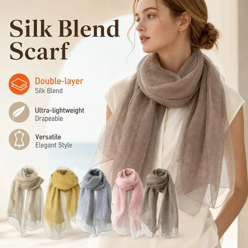 Fashion Silk Blend Women's Scarf Lightweight Wraps Double Layer Silk Scarf Solid Long Neck Scarf Shawl Spring Autumn Outfit