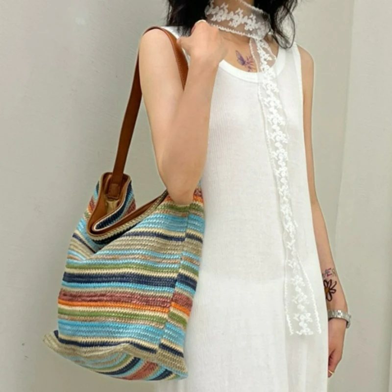 

New Trendy Large-capacity Colorful Striped Woven Bag, Trendy and Versatile Commuting Single-shoulder Crossbody Tote Bag